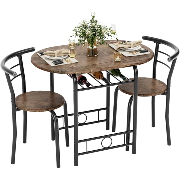 PINDEE 3 Piece Round Dining Table Set for 2 with Storage Rack, Space Saving Small Kitchen Table & Chairs, Wood Grain Breakfast Nook Set for Kitchen Dining Room.Brown
