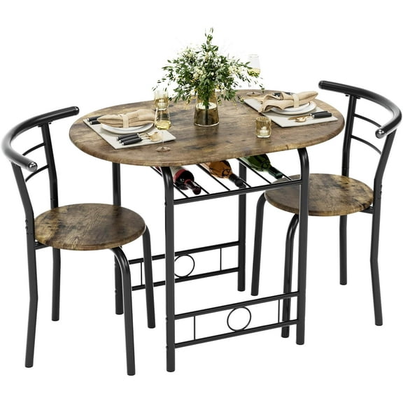 PINDEE 3 Piece Round Dining Table Set for 2 with Storage Rack, Space Saving Small Kitchen Table & Chairs, Wood Grain Breakfast Nook Set for Kitchen Dining Room.Walnut