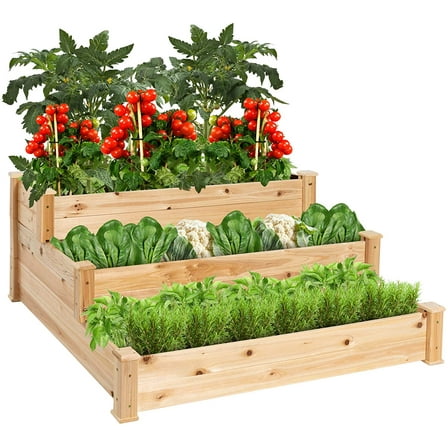 PINDEE 3-Tier Fir Wood Raised Garden Bed Planter Kit for Plants, Herbs, Vegetables, Outdoor Gardening w/Stackable & Flat Arrangement, Easy Assembly - Natural