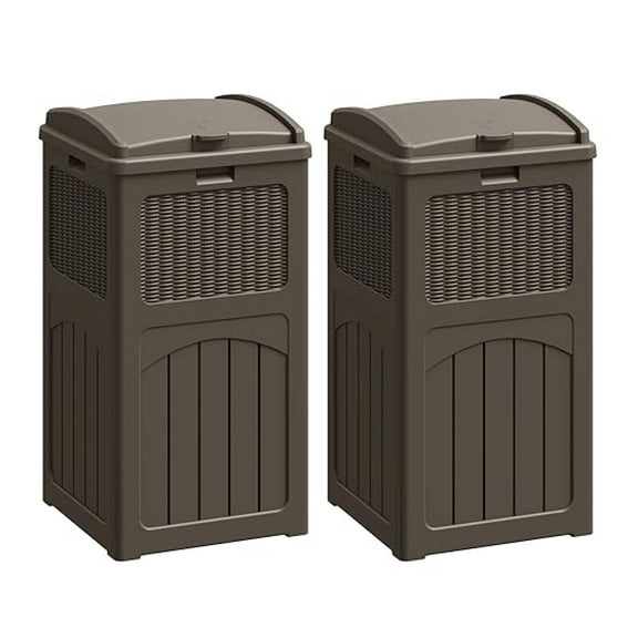 PINDEE 30 Gallon Trash Can, Resin Outdoor Garbage Can with Lid, Waterproof Hideaway Patio Waste Bins for Outside Use (2 Pack, Deep Brown)
