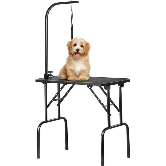 PINDEE 32-inch Foldable Pet Dog Grooming Table with Adjustable Height Arm Drying Table for Home w/Noose for Small Dogs Cats Non-Slip Maximum Capacity Up to 220lbs Black