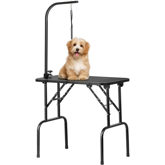 PINDEE 32-inch Foldable Pet Dog Grooming Table with Adjustable Height Arm Drying Table for Home w/Noose for Small Dogs Cats Non-Slip Maximum Capacity Up to 220lbs Black