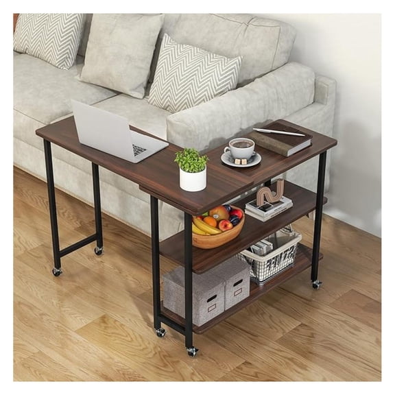 PINDEE 360° Rotating Sofa Side Table, Patented Mobile End Table with 2-Tier Storage Shelves, Swivel Rolling Desk with 6 Lockable Casters, Metal Frame, Movable Laptop Table Couch Snack Table for Home