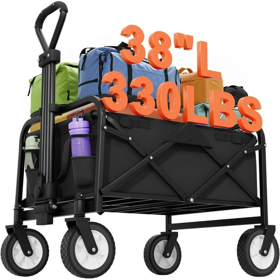 PINDEE 38 Inch Collapsible Wagon Cart Large Capacity 330 LBS Heavy Duty Folding Garden Utility Cart with Wheels for Beach Camping.Black