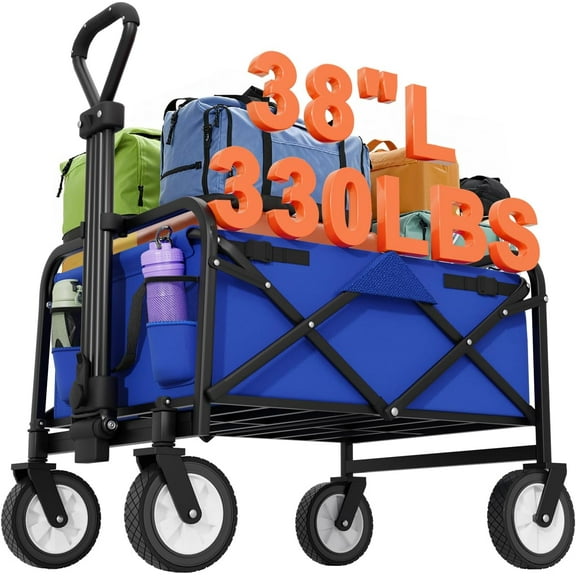 PINDEE 38 Inch Collapsible Wagon Cart Large Capacity 330 LBS Heavy Duty Folding Garden Utility Cart with Wheels for Beach Camping.Blue