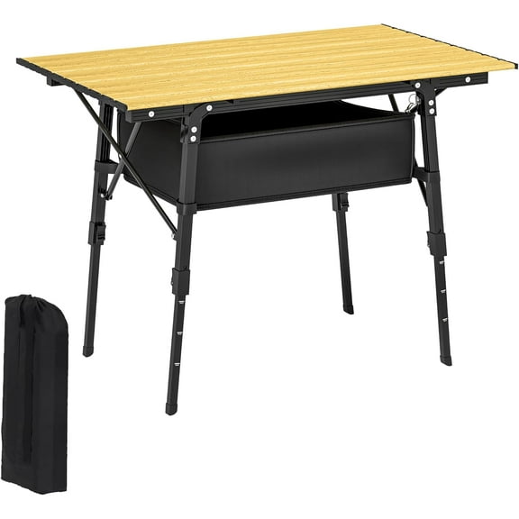 PINDEE 3ft Portable Camping Table with Storage Bag, Adjustable Height Aluminum Small Folding Table, Lightweight Picnic Table with Carry Bag for Outdoor Picnic BBQ Backyards Beach, Brown
