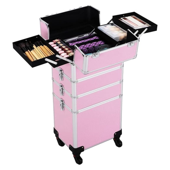 PINDEE 4 in 1 Professional Makeup Rolling Case, Large Aluminum Cosmetic Train Case, Makeup Tavel Case Travel Beauty Organizer - Pink - with Removeable Wheels