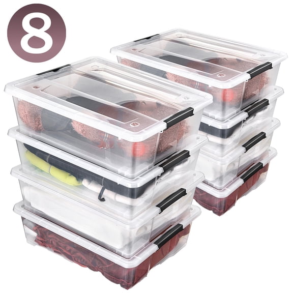 PINDEE 40 Qt Plastic Storage Bins with Lids for Under Bed Storage - Clear, Stackable Storage Containers, Large Organizing Boxes, Heavy Duty Totes for Clothes, Dorm Essentials,Set of 8