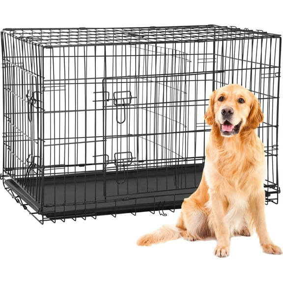 PINDEE 42 Inch Dog Crates for Large Dogs Folding Metal Wire Crates Dog Kennels Pet Dog Cage Crate with Double-Door,Divider Panel, Removable Tray and Handle,Black