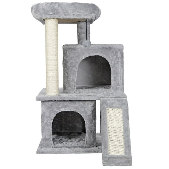PINDEE 55 inches Cat Tree with Sisal-Covered Scratching Posts and 2 Plush Rooms Cat Furniture for Kittens,34" Light Gray