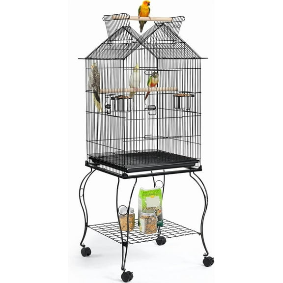 PINDEE 57-Inch Rolling Open Top Roof Bird Cage for Mid-Sized Parrots Cockatiels Caique Quaker Monk Indian Ring Neck Green Cheek Conure Middle Bird Cage with Detachable Stand