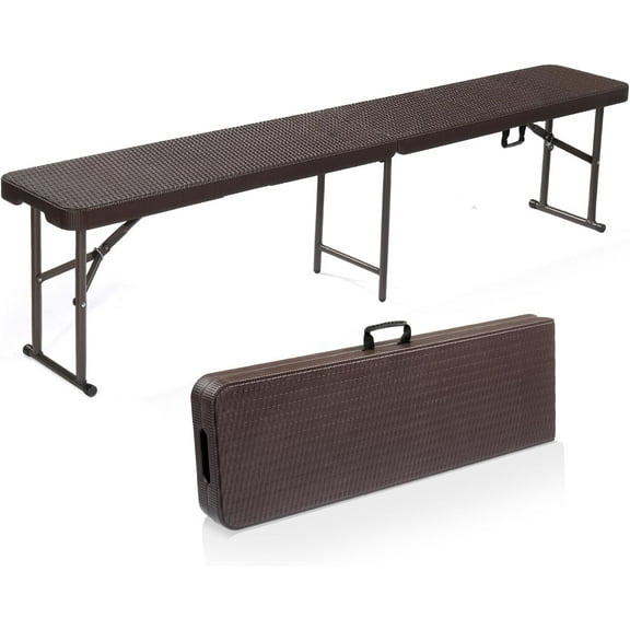 PINDEE 6 feet Plastic Folding Bench,Portable in/Outdoor Picnic Party Camping Dining Seat, Garden Soccer Multipurpose Entertaining Activities, Rattan Patterned HDPE Tabletop, 1 Pack, Brown
