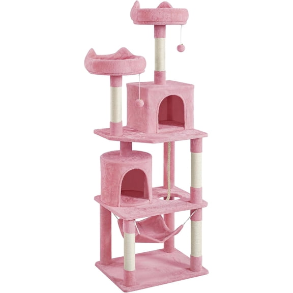 PINDEE 70 inches Cat Tree with Double Condos, Cat Tower with Scratching Posts & Hammock & Foam-Padded Perches, Kitty Activity Tree Center Kitten Play House,Pink