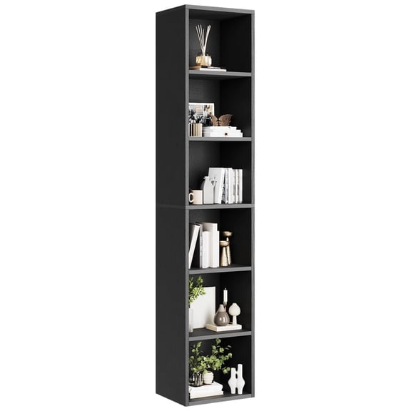 PINDEE 71.5" Tall Narrow Bookshelf, 6-Tier Cube Display Rack, Modern Corner Bookshelf with Storage Space, CD Storage Cabinet for Home Office (Black 1 Pack, 6-Tier)