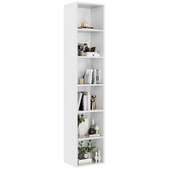 PINDEE 71.5" Tall Narrow Bookshelf, 6-Tier Cube Display Rack, Modern Corner Bookshelf with Storage Space, CD Storage Cabinet for Home Office (White 1 Pack, 6-Tier)