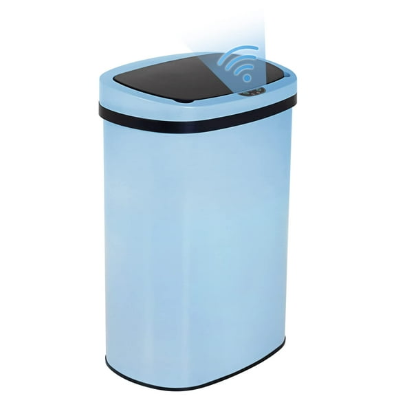 PINDEE Automatic Sensor Trash Can 13 Gallon Kitchen Waste Bin with Lid Touch Free Garbage Can Soft Close for Bathroom Bedroom Office.Blue,Stainless Steel