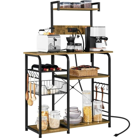 PINDEE Bakers Rack with Power Outlet, Microwave Stand Cart Coffee Bar with Wire Basket and Wine Storage, Freestanding Kitchen Shelf Extra Counter Space,Rustic Brown