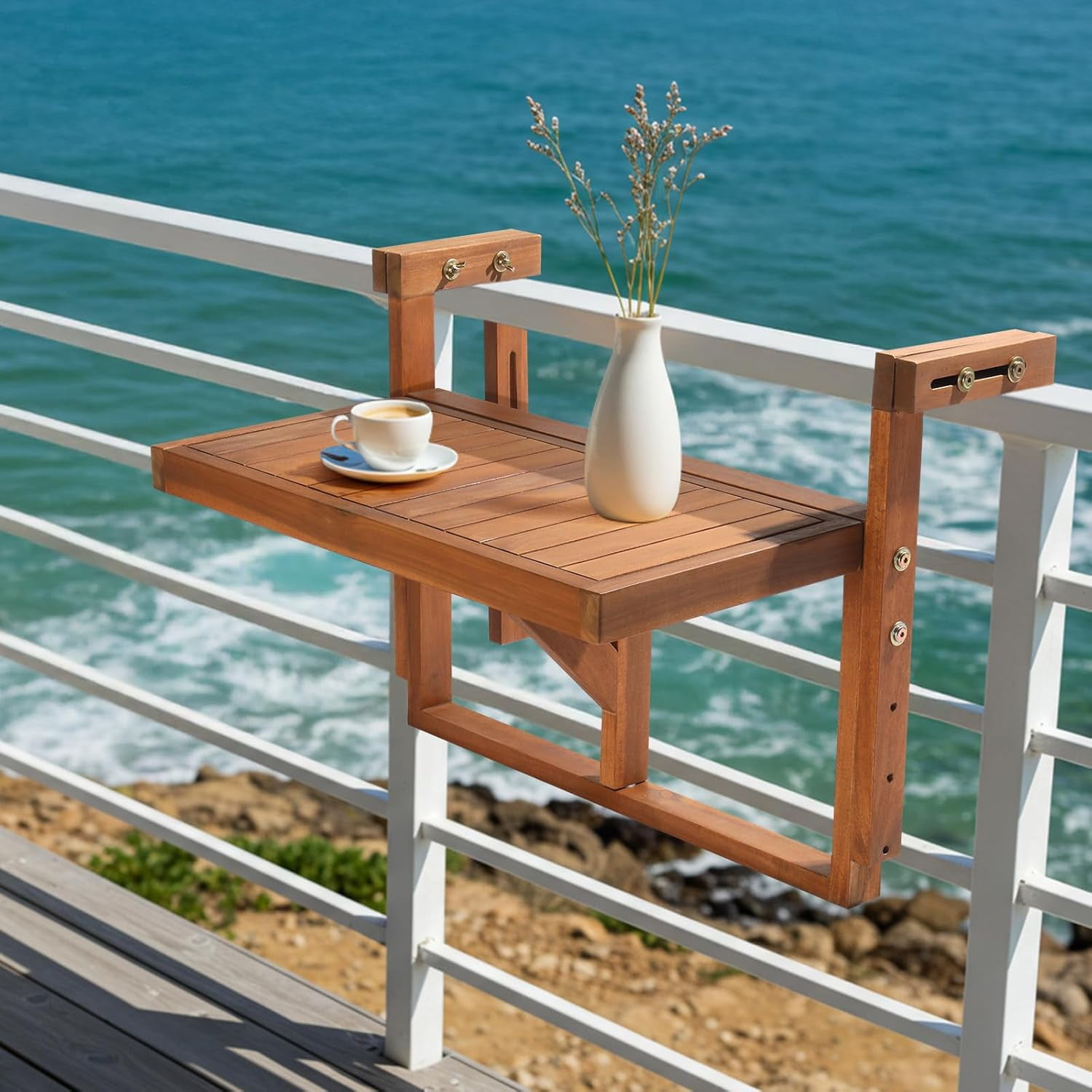 PINDEE Balcony Table, Acacia Wood Folding Balcony Bar Table for