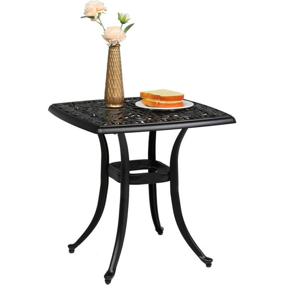 PINDEE Cast Aluminum Outdoor Side Table with Umbrella Hole, All Weather Round Patio Bistro Table,The appearance is exquisite, fashionable, and high-end.(Black)