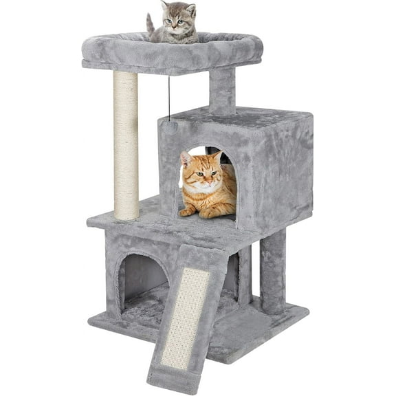 PINDEE  Cat Tree, 34in Cat Tower for Indoor Cats, Pet House with Large Perch & Scratching Posts & Cozy Condo & Scratching Ramp, Cat Activity Center Furniture, Light Gray