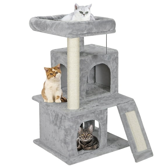 PINDEE Cat Tree, Indoor Cat Tower Condo, Multi-Level Cat House with Sisal-Covered Scratching Post + 2 Play House, Pet Cat Furniture,34 Inch-Light Grey