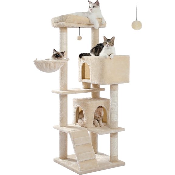 PINDEE Cat Tree for Large Cats with Super Large Top Perch,56.2" Multi-Level Tower for Indoor Cats with Hammock and Sleeping Bag, Cat Shelves with Scratching Posts and 2 Condos Houses, Beige