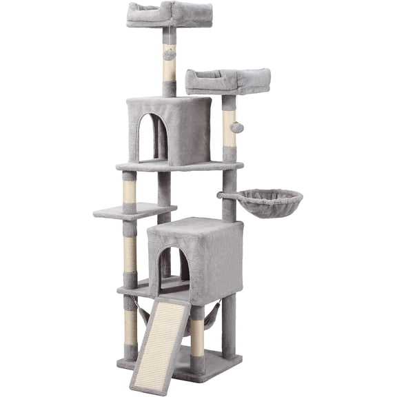 PINDEE Cat Tree Tower for Indoor Cats - Multi-Level Cat Activity Center with Hammock, Scratching Posts, Cozy Condo, Perches  Playhouse - Extra Tall Sturdy Cat Furniture for Climbing,Light Grey