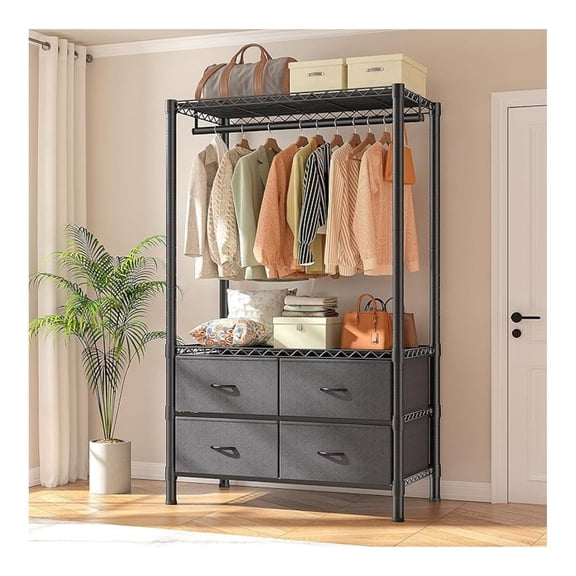 PINDEE Clothes Rack, Heavy Duty Clothing Racks for Hanging Clothes, Portable Closet with 4 Drawers, Freestanding Garment Rack with Adjustable Shelves for Bedroom, Basement, Extra Space, Black