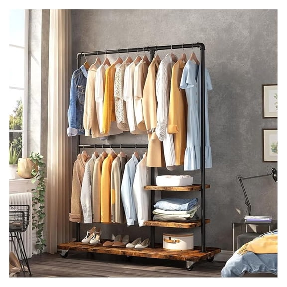 PINDEE Clothing Rack Heavy Duty Clothes Rack 260LBS Rolling Garment Rack with Shelves, Industrial Clothing Rack with Shelves, Portable Adjustable Clothes Rack for Hanging Clothes, Rustic Brown