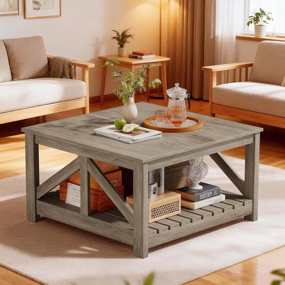 PINDEE Coffee Table with Dual Storage Compartments Modern Farmhouse Cocktail Table Sturdy Wood Center Table for Living Room Lounge Office Reception.Square,Gray Wash