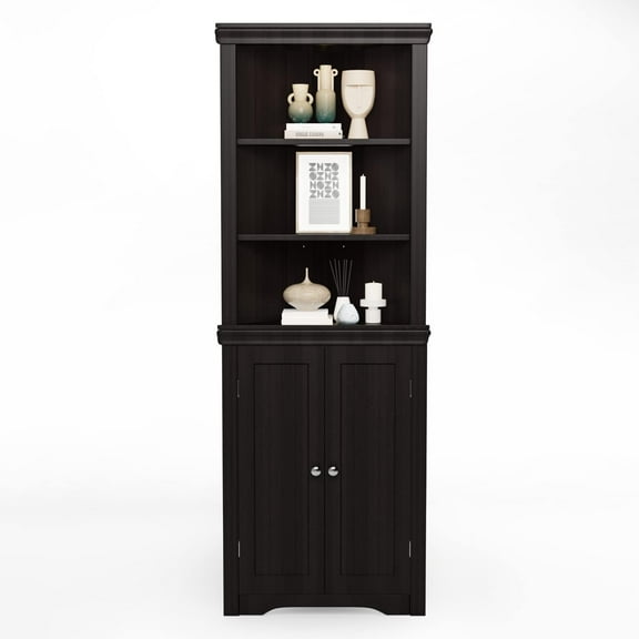 PINDEE Corner Storage Cabinet with 2 Doors 3 Tier Shelves Freestanding Bathroom Organizer for Living Room Bedroom Kitchen Space Saver.Espresso