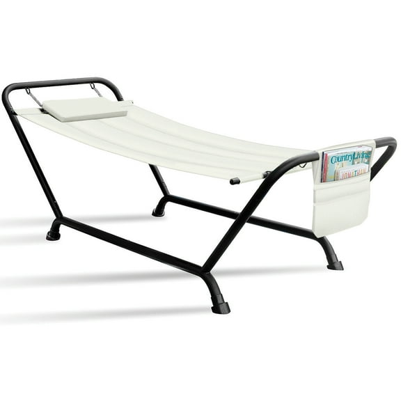 PINDEE Cozy Hammock Bed- Patio Hammock with Stand w/Pillow and Storage Pockets- Heavy Duty 500lbs Support- Durable Outdoor Hammock- For Patio, Garden, Backyard, Poolside,Beige