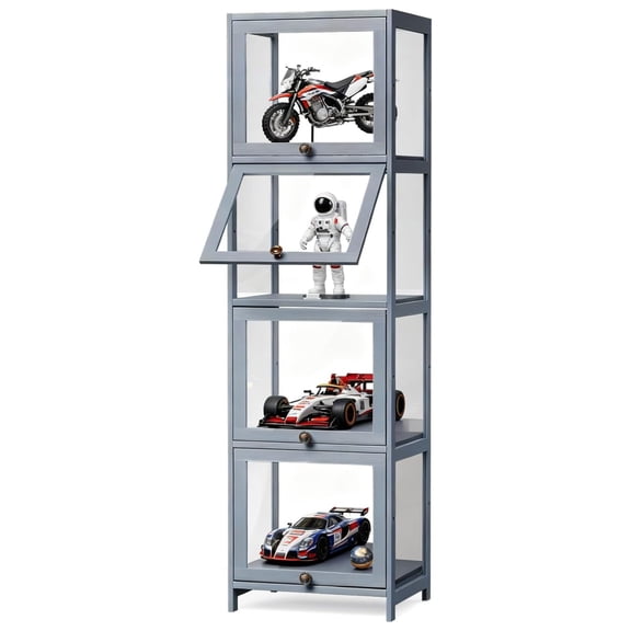 PINDEE Display Cabinet, 4-Tier Corner Shelf with Acrylic Doors, 55" Tall Curio Display Case, Showcase, Storage Shelf, for Living Room, Bedroom, Playroom, Grey, 13" D x 16" W x 55" H