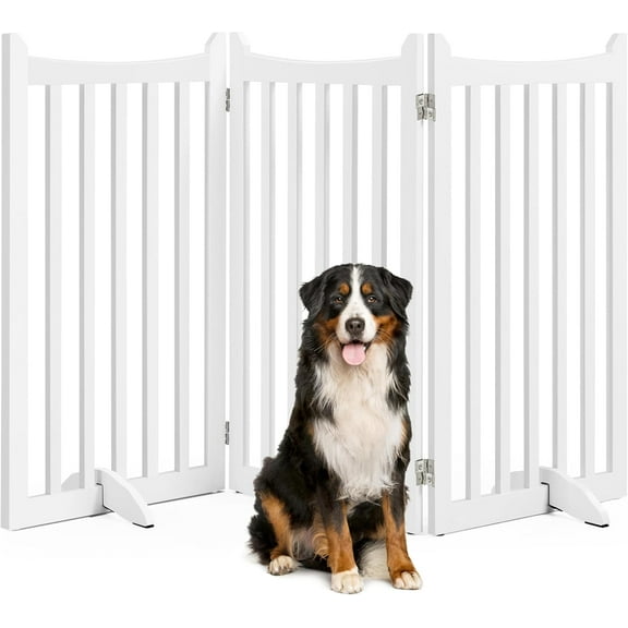 PINDEE Dog Gate 36" H Extra Large Freestanding Pet Gate 3-Panel Wooden Dog Fence with 2 Support Feet Folding Dog Gate for Indoor, Stairs, Doorways, Halls, Kitchen Pet Barrier White, 60" L x 36" H