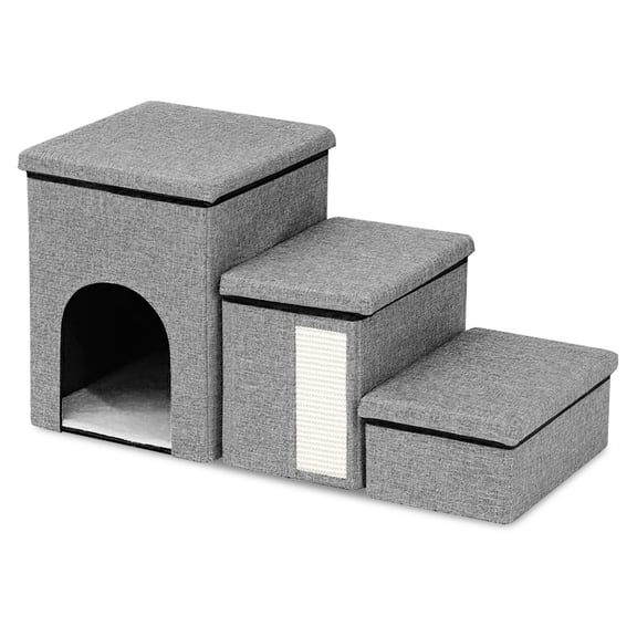 PINDEE Dog Stairs for Small Dogs, Foldable Pet Stairs for Couch/Bed with Storage Box, Condo and Cat Scratcher, Adjustable Non-Slip Dog Steps for Puppy, Cats, or Small