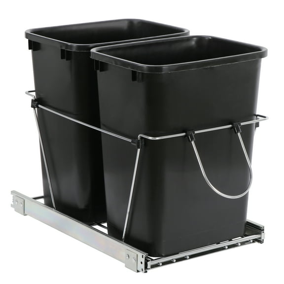 PINDEE Double Pullout Trash Can for Kitchen Cabinets 35 Qt Garbage Recycling Bin on Full Extension Slides,Double Bin