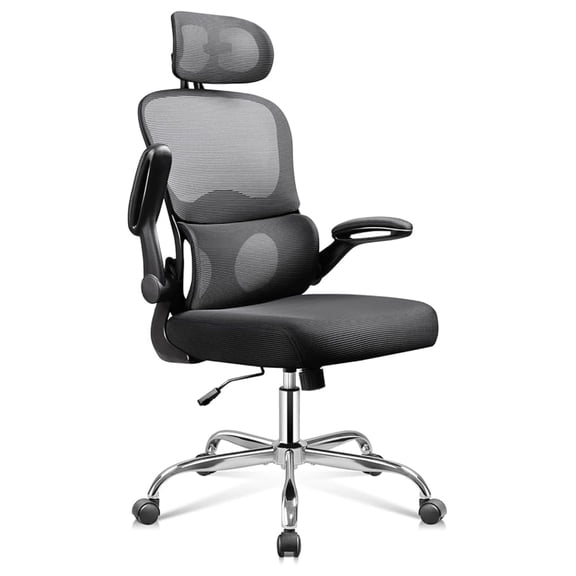 PINDEE Ergonomic Mesh Desk Chair, Separated-Adjustable Lumbar Support，Large Cushion, Flip-up Armrests, 90-125° Rocking Tilt, for Home Office Computer Gaming, Black