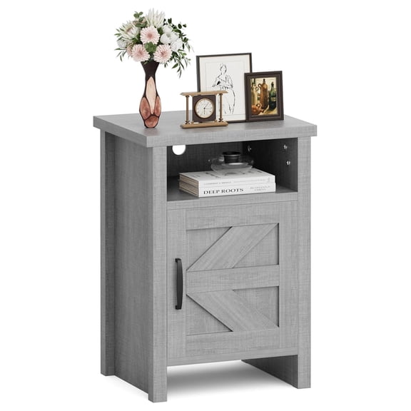PINDEE Farmhouse Nightstand, Modern Bedside Table with Barn Door and Shelf, Rustic End Table Side Table for Bedroom, Living Room (1, Grey)