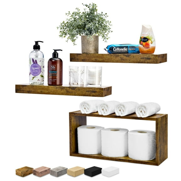 PINDEE Floating Shelves for Wall Set of 3 - Bathroom Shelves for Wall Storage, Over Toilet, Bedroom, Farmhouse, Decor - 2 Floating Shelves with Invisible Brackets & 1 Rectangular Box,Brown