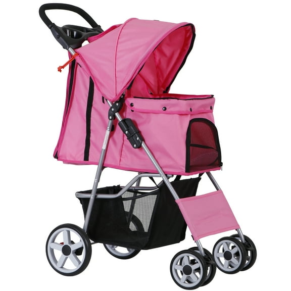 PINDEE Foldable Pet Stroller for Cats and Dogs, Pet Carrier Strolling Cart with Weather Cover, Storage Basket, Cup Holder,4-Wheel Pet Stroller Pink