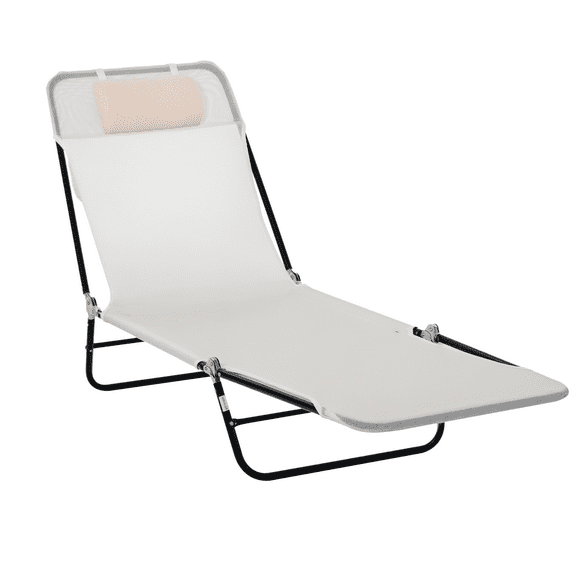 PINDEE Folding Chaise Lounge Pool Chairs, Outdoor Sun Tanning Chairs with Pillow, Reclining Back, Steel Frame & Breathable Mesh for Beach, Yard, Patio,Cream White