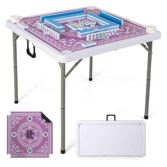 PINDEE Folding Mahjong Table, 35" Square Card Table with Cup Holders, Removable Noise Reduction Mat, HDPE Tabletop, 4-Player Portable Domino Tables for Poker Blackjack Board Game (Pink)