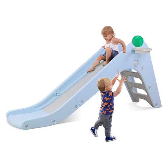 PINDEE Freestanding Kids Slide, Toddler Slide Climber with Basketball Hoop & Ball, Baby Playset w/Long Slope, for Boys and Girls Birthday, Sturdy Playground Toy for Indoor Outdoor Age 3+ (Sky Blue)