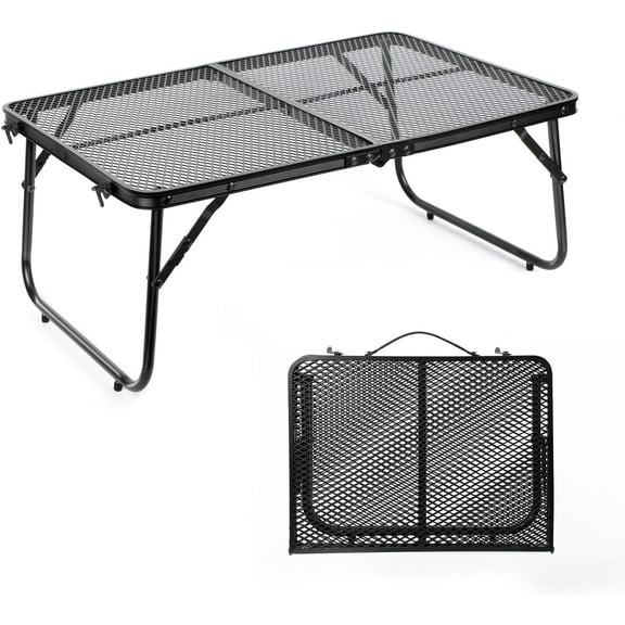 PINDEE Grill Table Camping Table 2FT Foldable Small Folding Table Low Picnic Table Portable Stand Mesh Outdoor Indoor Card BBQ RV Black 23.6×15.7×9.5 inch