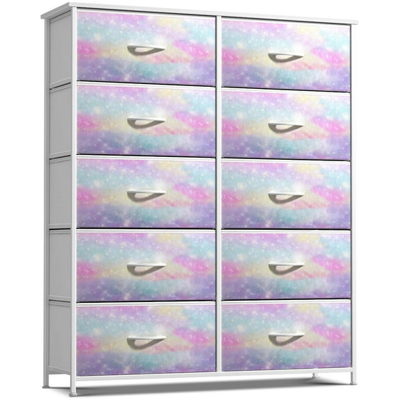 PINDEE Kids Dresser with 10 Drawers - Storage Unit Organizer Chest for Clothes - Bedroom, Kids Room, Nursery, & Closet - Steel Frame, Wood Top & Handles, and Easy Pull Fabric Bins,Tie-Dye Purple