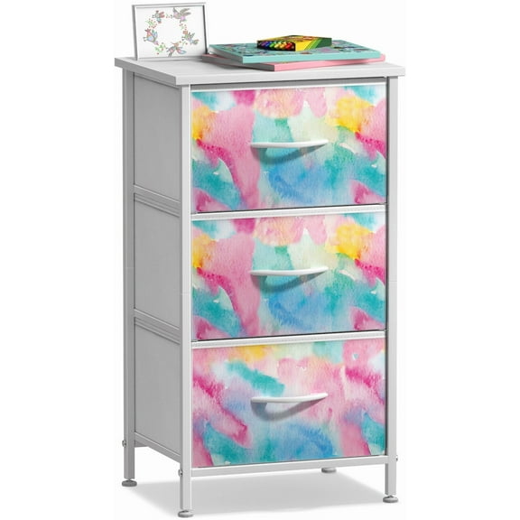 PINDEE Kids Dresser with 3 Drawers - Storage Chest Organizer Nightstand - Steel Frame, Wood Top, Tie-Dye Fabric Bins for Clothes - Wide Furniture for Bedroom, Hallway, Nursery,Rainbow Sparkle