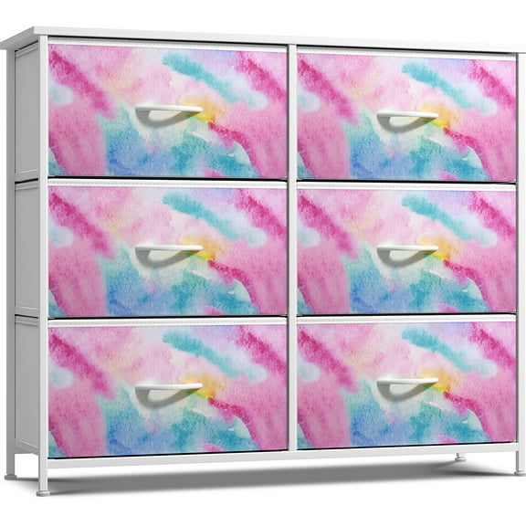 PINDEE Kids Dresser with 6 Drawers - Storage Chest Organizer Nightstand - Steel Frame, Wood Top, Tie-Dye Fabric Bins for Clothes - Wide Furniture for Bedroom, Hallway, Nursery,Rainbow Sparkle