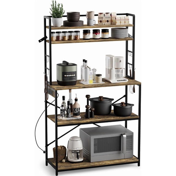 PINDEE Kitchen Bakers Rack with Power Outlet 5 Tier Microwave Stand with 8 S Hooks Storage Shelf for Spices Pots Coffee Bar Station.Rustic Brown