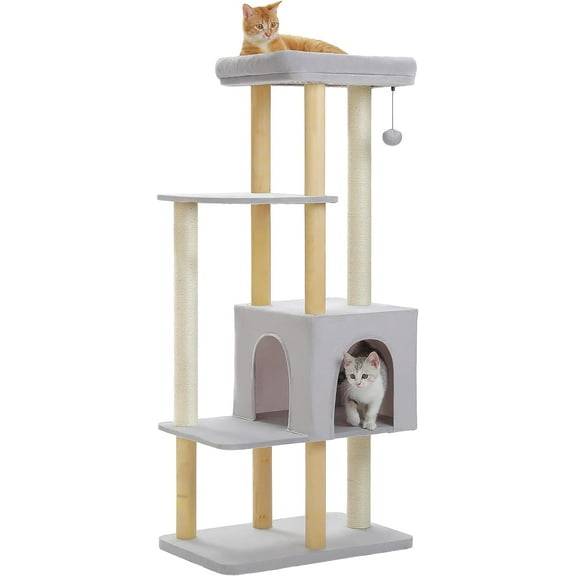 PINDEE Large Cat Tree, 53 Inches Modern Wooden Cat Tower for Indoor Cats, Multi-Level Cat Condos with Long Scratching Posts and Natural Wood Posts，Gray