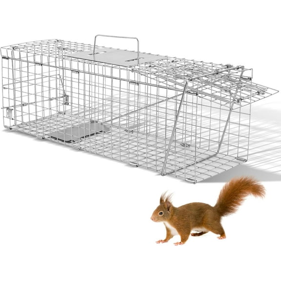 PINDEE Live Animal Cage Trap, 24" Heavy Duty Folding Steel Cage, Catch Release Humane Rodent Cage for Rabbits Stray Cat Squirrel Raccoon Mole Gopher Chicken Opossum Skunk & Chipmunks
